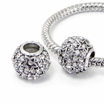 Шарми Євронамистини Метал і Стрази, Рондель, Колір металу: Античне Срібло, Колір Страз: Безбарвний, Розмір: 10.5x9мм, Отвір 4.5мм, (УТ100008129)