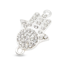 Коннектор Рука Хамсы со Стразами, Бижутерный сплав, 2 отверстия, Цвет: Серебро, Размер: 31x18x3мм, Отверстие 2мм, (УТ100008208)