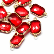 Коннектор со Стразами, Латунь, 2 отверстия, Восьмиугольный, Цвет страз: Красный, Размер: 21.5x10.5x4мм, Отверстие 2.5мм, (УТ100008015)