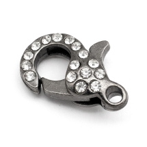 Застежка Карабин-Лобстер, Латунь, Стразы Горный Хрусталь, Цвет: Оружейная Сталь, Размер: 21х12.5х7мм, Отверстие 2.5мм, (УТ100012722)