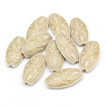 Бусины Акриловые "Париж" Овальные, с Рисунком Металлик Золото, Цвет: Бежевый, Размер: 39x20x7мм, Отверстие 2мм, (УТ100014396)