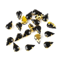 Пришивні Акрилові Стрази, Цапи Латунь, Крапля, Колір: Чорний, Цап: Золото, Розмір: 10х6х5мм, Отвір 1мм, (УТ100014560)