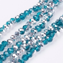 Намистини Скло з гальваніки, Грановані, Рондель, Серебристое напів, Колір: Сіро-блакитний, 6х4мм, Отвір 1мм, близько 98шт / 45см / нитка, (УТ100014652)