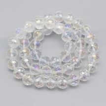 Бусины Стекло с Гальваникой, Граненые, Радужные, Круглые, Цвет: Кристалл, Размер: Диаметр 14мм, Отв. 2мм, около 46шт/68см/нить, (УТ100014716)