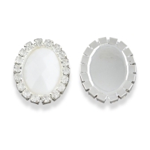 Стразы - Кабошоны Акрил, вокруг Стразы горный Хрусталь Класс А в основах Латунь цвета Серебро, Овал, Граненые, Белый, 25x20x5мм, (УТ100014778)