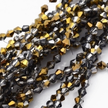 Намистини Гальваніка Скло АВ-Колір напів, Грановані, Біконус, Колір: Золотистий, Розмір: 4х4мм, Отв-тя: 1мм, близько 100шт / 48см / нитка, (УТ100014889)