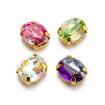 Пришивные Стразы Стекло, Имитация Хрусталя, Основа Латунь, Овальные, Граненые, Цвет: Микс, Размер: 10x8x5мм, отв 0.5мм, (УТ100014962)