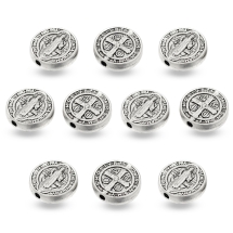 Бусины Металлические, Иисус и Крест, Круглые Плоские, Античное Серебро, 10x2.5мм, Отверстие 1мм, (УТ100015310)