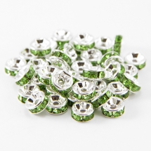 Намистини Роздільники зі Стразами, клас А, Латунь, Рівна Кромка, Рондель, Колір: Срібло + Перідот, Розмір: 7х3.2мм, Отвір 1.2мм, (УТ100015453)