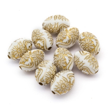 Бусины Акриловые "Париж" Овальные, с Рисунком Металлик Золото, Цвет: Слоновая Кость, Размер: 16x10.5мм, Отверстие 2мм, 10шт/упаковка (УТ100015522)