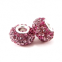 Шарми Євронамистини Смола і Стрази, Клас А, Вставка з Латуні, Рондель, Колір Страз: Рожевий, Розмір: 15х9мм, Отвір 5мм, (УТ100016112)