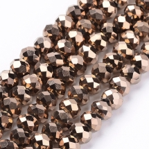 Бусины Гальваника Стекло, Граненые, Рондель, Цвет: Медь, Размер: 8х6-7мм, Отв-тие: 1мм, около 72шт/46см/нить, (УТ100019410)