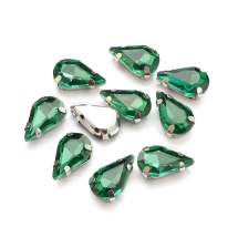 Пришивные Стразы Стекло, Горный Хрусталь, Основа Латунь Цвета Платина, Капля, Цвет: Зеленый морской, Размер: 12.5х8х5мм, Отв 0.8-1мм, (УТ100019726)