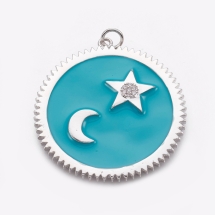 Кулон Латунь Эмаль Фианиты, Луна и Звезда, Стойкое Покрытие Платиной, Цвет: Бирюзовый, Размер: 35х32х3мм, Отверстие 3мм, (УТ100020705)