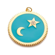 Кулон Латунь Эмаль Фианиты, Луна и Звезда, Стойкое Покрытие Золото 18К, Цвет: Бирюзовый, Размер: 35х32х3мм, Отверстие 3мм, (УТ100020706)