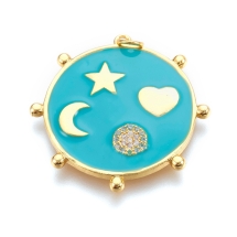 Кулон Латунь Эмаль Фианиты, Луна Звезда Сердце, Стойкое Покрытие Золото 18К, Цвет: Бирюзовый, Размер: 32.5х32х3мм, Отверстие 2.5мм, (УТ100020707)
