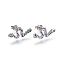 Серьги Пусеты, Латунь + Фианиты, Змея, Цвет: Платина, Размер: 17~17.5x8мм, Штифт 0.7мм, (УТ100022240)