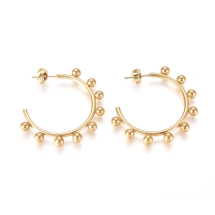 Серьги Пусеты, Нержавеющая Сталь, Полукольца с Бусинами, Цвет: Золото, Размер: 37x37,8x4мм, Штифт 0.7мм, (УТ100022336)