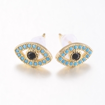 Серьги Пусеты, Латунь + Фианиты, Конский  Глаз, Цвет: Золото и Светло-голубой, Размер: 7x11x1.5мм, Штифт 0.8мм, (УТ100022337)