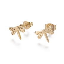 Серьги Пусеты, Нержавеющая Сталь, Стрекоза, Цвет: Золото, Размер: 8x10мм, Штифт: 1мм, (УТ100022349)