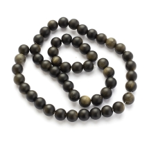 Бусины Натуральный Золотой Обсидиан, на нитях, Морозный Стиль, Круглые, Цвет: Черный, Размер: 8мм, Отверстие 1мм, около 45шт/36см/нить, (УТ100023146)