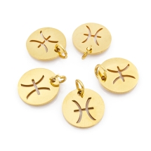 Подвеска Кулон Круглая Нержавеющая Сталь, Знак Зодиака Рыбы, Золото, 12х1мм, Отверстие 3мм, (УТ100023760)