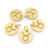 Подвеска, 304 Нержавеющая Сталь, Круглая Плоская, Знак Созвездия/Зодиака Телец, Цвет: Золото, Размер: 12х1мм, Отверстие 3мм, (УТ100023765)