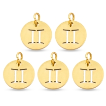 Подвеска Кулон Круглая Нержавеющая Сталь, Знак Зодиака Близнецы, Золото, 12х1мм, Отверстие 3мм, (УТ100023767)