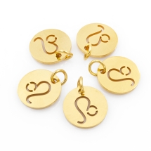 Подвеска, 304 Нержавеющая Сталь, Круглая Плоская, Знак Созвездия/Зодиака Лев, Цвет: Золото, Размер: 12х1мм, Отверстие 3мм, (УТ100023771)