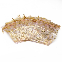 Подарочный Мешочек из Органзы с Рисунком Цветы Прозрачный для Украшений, Конфет, Розовый, 12x10см, (УТ100024921)