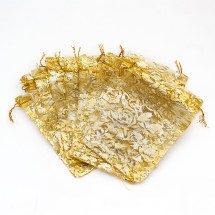 Подарочный Мешочек из Органзы Рисунок Цветы Прозрачный, Золотистый, 15x10см, (УТ100024931)