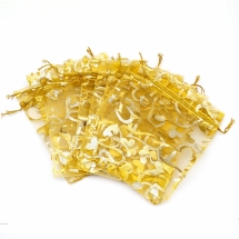 Подарочный Мешочек из Органзы, Рисунок Сердце, Прозрачный, Золотистый, 14x10см, (УТ100024936)