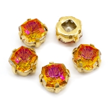 Пришивные Стразы Стекло, Горный Хрусталь, Основа Латунь Цвета Золото, Прямоугольные, Розовый, 9х9х5.5мм, Отв 1мм, (УТ100025572)