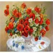 Алмазна мозаїка за номерами "Червоні квіти на столі" у рулоні, стрази. Розмір: 30*40 см (УТ100025942)