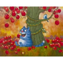 Алмазна Мозаїка за номерами "Кіт та яблука", Об'ємна, в рулоні, Стрази, Розмір: 20х30см, (УТ100025964)