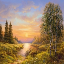 Картина за номерами "Літній захід сонця", Полотно на Дерев'яному підрамнику, Акрилові Фарби, Пензлі, Розмір: 40х50см, (УТ100026354)