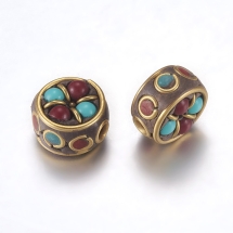 Бусины Индонезийские Ручной Работы, Полимерная Глина и Латунь, Круглые Плоские, Размер: 12~13x7.5~9мм, Отверстие 2мм, (УТ100027252)