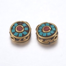 Бусины Индонезийские, Полимерная Глина и Латунь, Круглые Плоские, Разноцветные, Ручной Работы, Размер: 12~13x6~7.5мм, Отверстие 2мм, (УТ100027258)