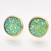 Серьги Пусеты, Нержавеющая Сталь + Смола, Цвет: Золото и Зеленый, Размер: 14мм, Штифт: 0.8мм, (УТ100027866)