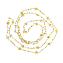 Цепь с Бусинами Ручная Работа, Латунь, Эмаль, Паяная, Цветок, Стойкое Покрытие, Золото и Желтый, Бусины 3мм, Цветок: 13x7.5x2мм, (УТ100028415)