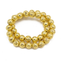 Бусины Натуральная Лава, На нитях, Круглый, Гальваника, Диаметр: 10-10.5мм, Отверстие: 1.5мм, Цвет: Золотистый, около 37шт/38см/нить, (УТ100028682)