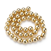 Бусины Синтетический Гематит, Немагнитный, Круглые, Гальваника, Покрытие Светлое Золото, 10х9мм, Отв. 1-1.5мм, ок. 42шт/38см/нить (УТ100029094)