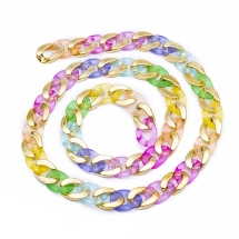 Ланцюг Пластиковий CCB і Прозорий Акрил, Плетіння Вите, Колір: Золото/Красочний, Ланка: 30х20х6мм, Довжина 1м/нитка, (УТ100029293)