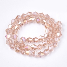 Бусины Гальваника Стекло АВ-Цвет, Граненые, Биконус, Цвет: Розовый, Размер: 6х5.5-6мм, Отв-тие: 1мм, около 45шт/26см/нить, (УТ100029688)