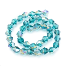 Бусины Гальваника Стекло АВ-Цвет, Граненые, Биконус, Цвет: Темно-бирюзовый, Размер: 7.5-8х7.5-8мм, Отв-тие: 1.5мм, около 35шт/28.5см/нить, (УТ100029690)