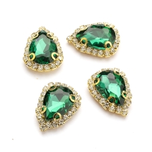Пришивні Стрази, Скло Гірський Кришталь, Основа Латунь, Крапля, Смарагд, 19х14.5х7мм, Отвір 1мм, (УТ100029878)
