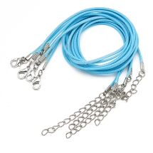 Основа для Ожерелья, Шнур Вощеный Хлопковый, Застежка Карабин и Цепь, Темно-голубой, 43.5смх1.5мм, Застежка 12х7х2.5мм, Удлинитель: 4-4.5см (УТ100030060)