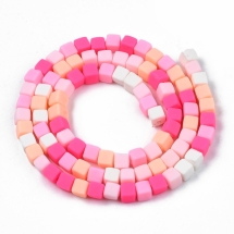 Бусины из Полимерной Глины, Ручная Работа, Кубики, Цвет: Ярко-розовый, Размер: 4х4х4мм, Отверстие 1.4мм, около 85шт/37.5см/нить, (УТ100030069)