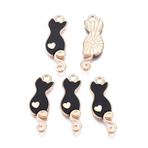 Подвески Сплав и Эмаль, Кот с Сердцем, Черный/Светлое Золото, 24.5х8.5х2мм, Отверстие: 1.8мм, (УТ100030385)