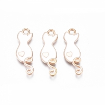 Підвіски Сплав і Емаль, Кіт із Серцем, Білий/Світле Золото, 24.5х8.5х2мм, Отвір: 1.8мм, (УТ100030386)